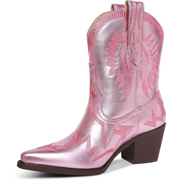 Women Metallic Embroidered Pointed Toe Cowgirl Boots Chunky Heel Pull-On Pink - Picture 1 of 6